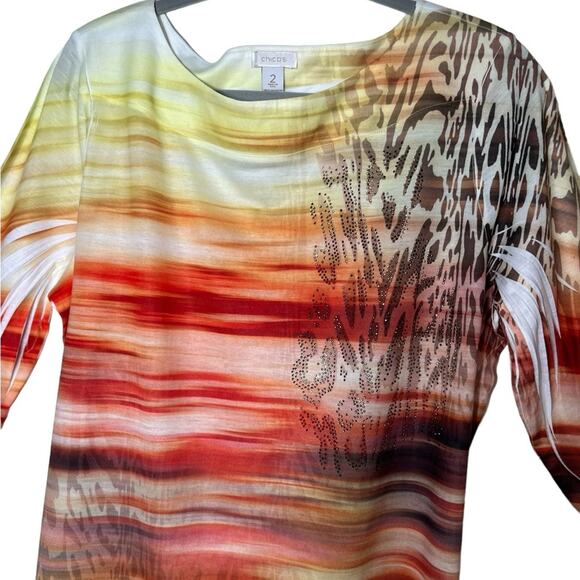 Chicos Tropical Print 3/4 Sleeve Top Size 2 - Picture 2 of 12